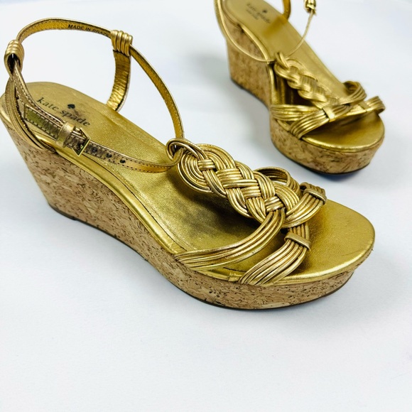 Kate Spade Becca Metallic Gold Braided Strap Cork Wedges - Picture 2 of 14